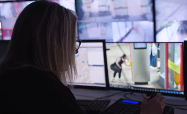 Image shows a CCTV operator monitoring a lady who is using a help point in a bus station