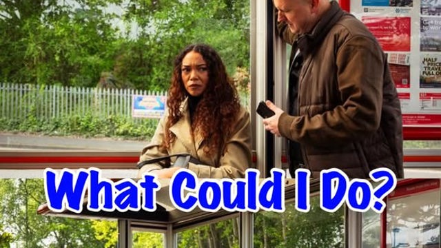 'What Could I Do?' graphic showing a woman appearing uncomfortable during an unwanted interaction at a bus stop while other passengers witness the situation.